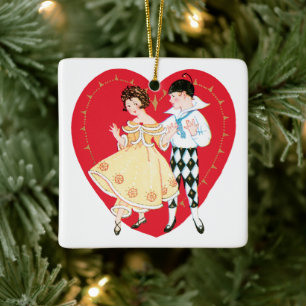 Retro Valentijnsdag,  harlekijn en hart Keramisch Ornament