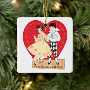 Retro Valentijnsdag,  harlekijn en hart Keramisch Ornament