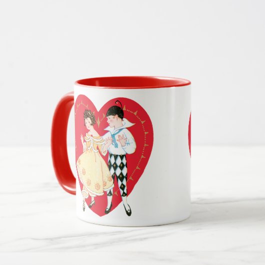 Retro Valentijnsdag,  harlekijn en hart Mok (Voorkant links)