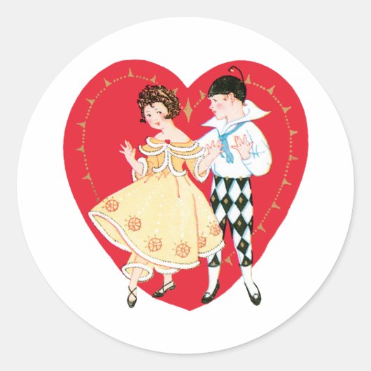 Retro Valentijnsdag,  harlekijn en hart Ronde Sticker (Voorkant)