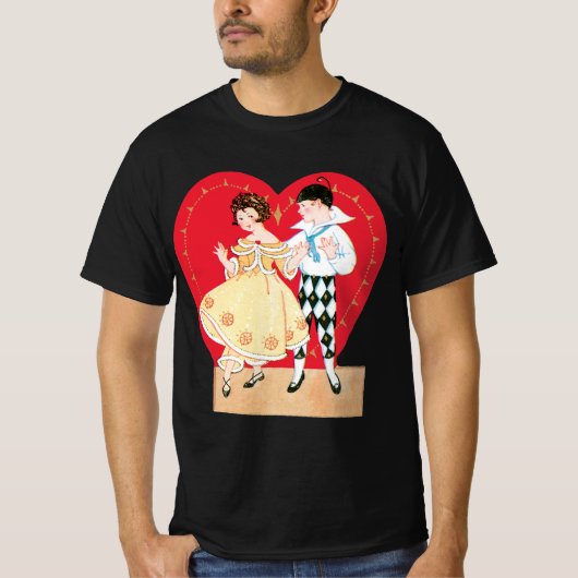 Retro Valentijnsdag, harlekijn en hart T-shirt (Voorkant)