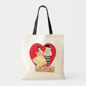 Retro Valentijnsdag, harlekijn en hart Tote Bag (Voorkant)