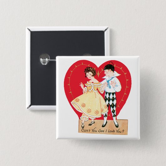 Retro Valentijnsdag,  harlekijn en hart Vierkante Button 5,1 Cm (Voorkant /achterkant)
