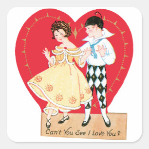Retro Valentijnsdag, harlekijn en hart Vierkante Sticker