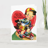 Retro Valentijnsdag,  jongen op een scooter Feestdagen Kaart (Voorkant)