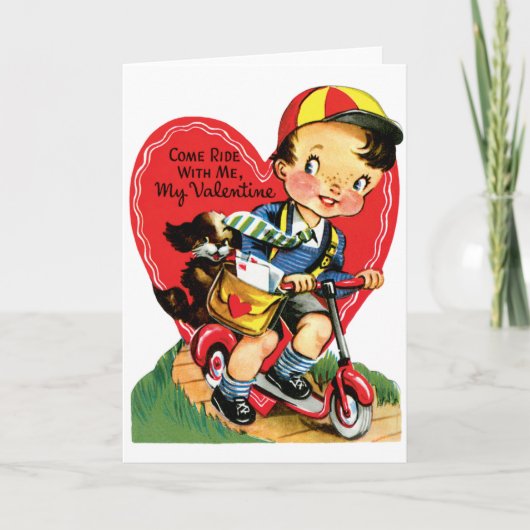 Retro Valentijnsdag,  jongen op een scooter Feestdagen Kaart (Voorkant)