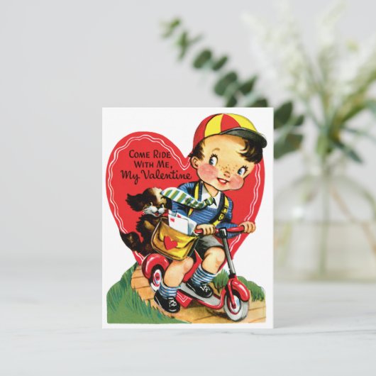 Retro Valentijnsdag,  jongen op een scooter Feestdagenkaart (Staand voorkant)