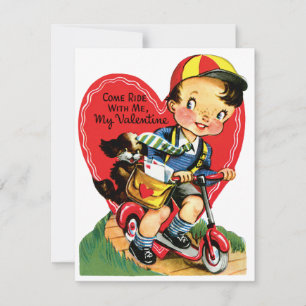 Retro Valentijnsdag,  jongen op een scooter Feestdagenkaart
