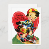Retro Valentijnsdag,  jongen op een scooter Feestdagenkaart (Voorkant / Achterkant)