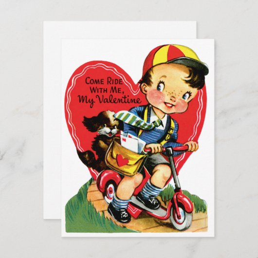 Retro Valentijnsdag,  jongen op een scooter Feestdagenkaart (Voorkant / Achterkant)