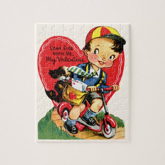 Retro Valentijnsdag,  jongen op een scooter Legpuzzel (Verticaal)