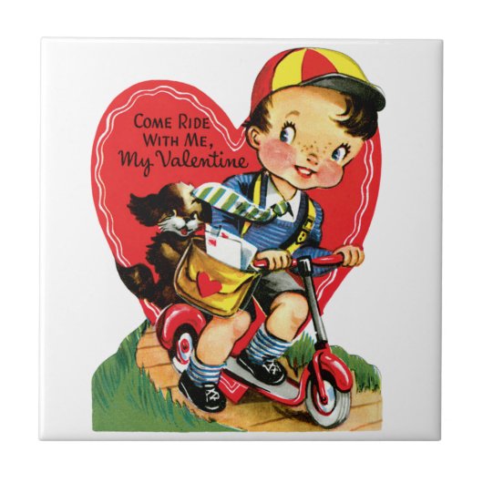 Retro Valentijnsdag,  jongen op een scooter Tegeltje (Voorkant)