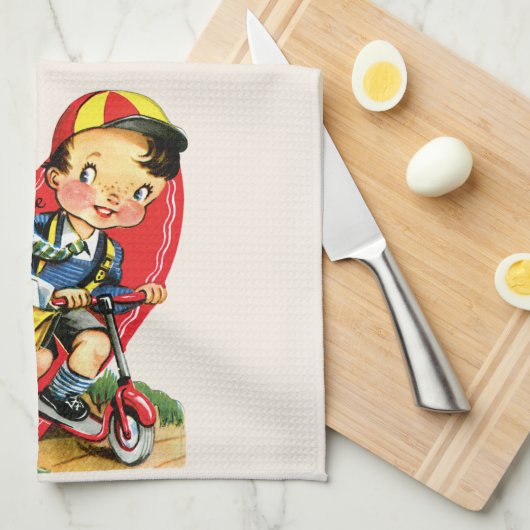 Retro Valentijnsdag,  jongen op een scooter Theedoek (Quarter Fold)