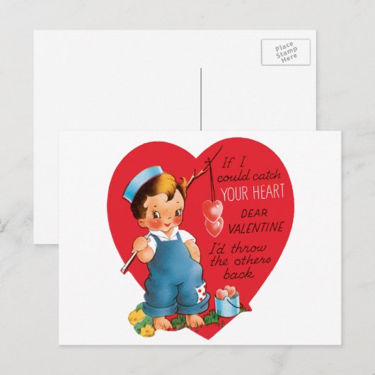  retro Valentijnsdag, jongen Vist harten Feestdagenkaart (Voorkant / Achterkant)