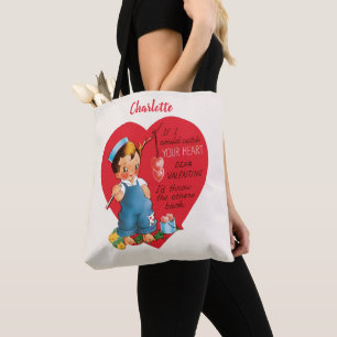  retro Valentijnsdag, jongen Vist harten Tote Bag