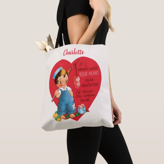 retro Valentijnsdag, jongen Vist harten Tote Bag (Dichtbij)