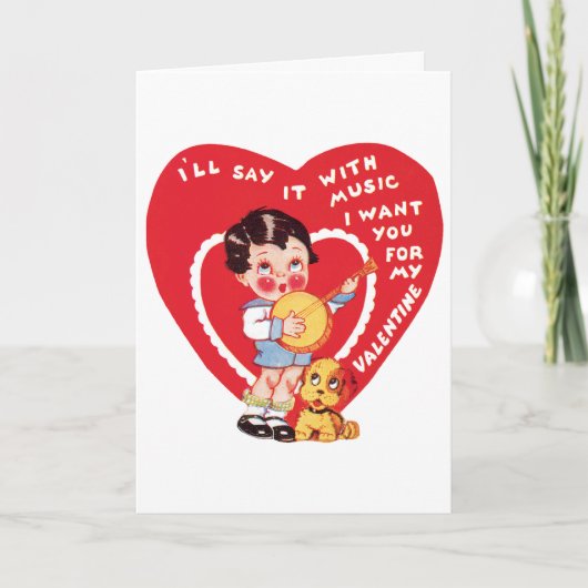  Retro Valentijnsdag, Jongensmuziek Banjo Feestdagen Kaart (Voorkant)