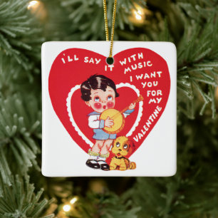 Retro Valentijnsdag, Jongensmuziek Banjo Keramisch Ornament