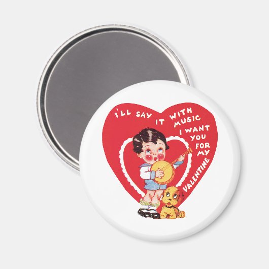 Retro Valentijnsdag, Jongensmuziek Banjo Magneet (Voorkant / Achterkant)