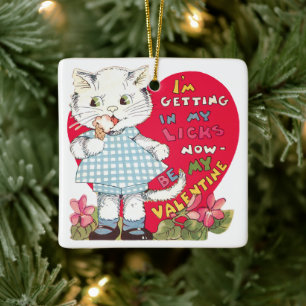 Retro Valentijnsdag Kat Eating Ice Cream Keramisch Ornament