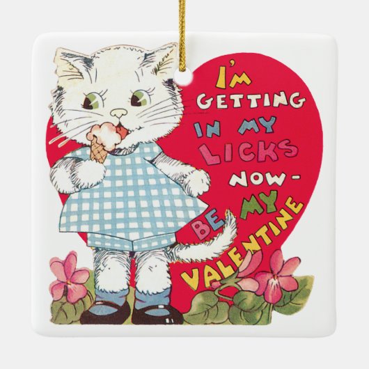  Retro Valentijnsdag Kat Eating Ice Cream Keramisch Ornament (Achterkant)