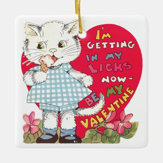  Retro Valentijnsdag Kat Eating Ice Cream Keramisch Ornament (Voorkant)