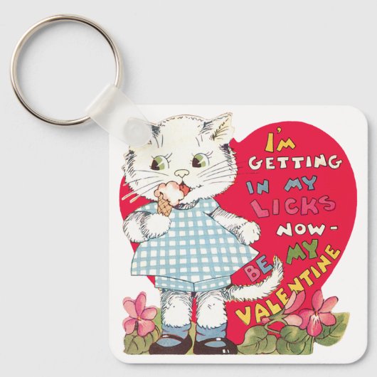  Retro Valentijnsdag Kat Eating Ice Cream Sleutelhanger (Voorkant)