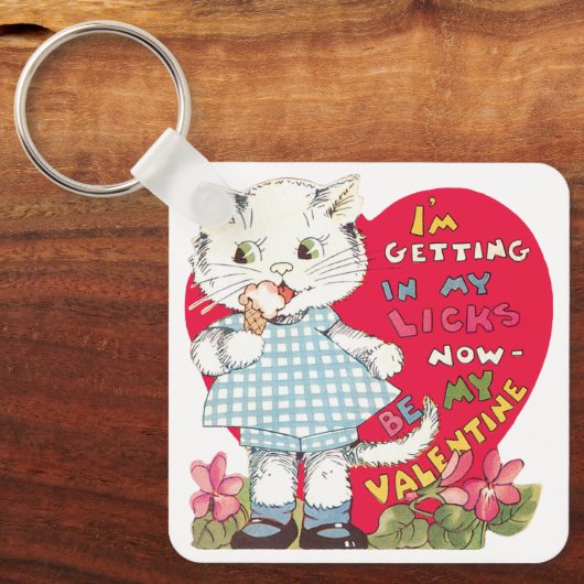  Retro Valentijnsdag Kat Eating Ice Cream Sleutelhanger (Voorkant)