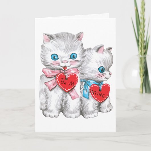  retro Valentijnsdag katten, pluizige Kittens Feestdagen Kaart (Voorkant)