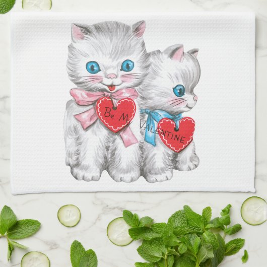  retro Valentijnsdag katten, pluizige Kittens Theedoek (Gevouwen)