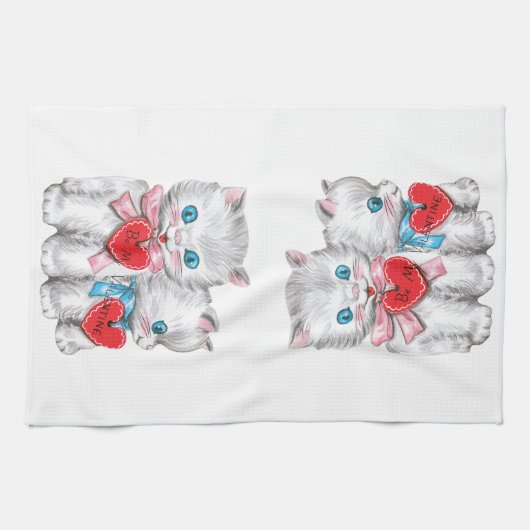 retro Valentijnsdag katten, pluizige Kittens Theedoek (Horizontaal)