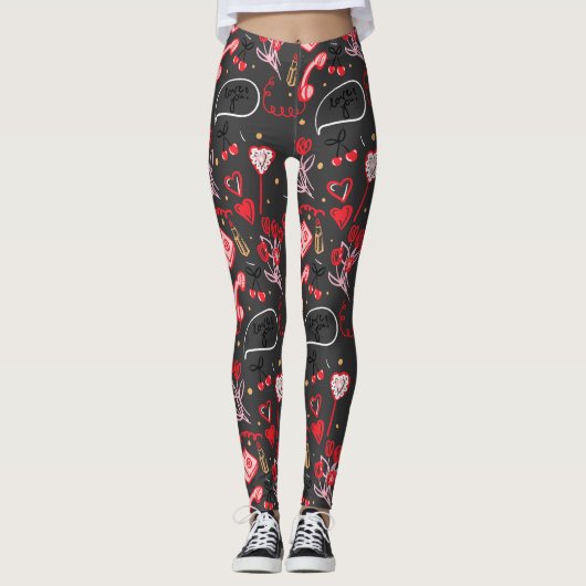 Retro Valentijnsdag Liefde Doodles Leggings (Voorkant)