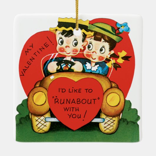 Retro Valentijnsdag,  meisje en jongen in de auto Keramisch Ornament (Achterkant)