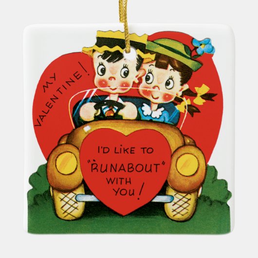 Retro Valentijnsdag,  meisje en jongen in de auto Keramisch Ornament (Voorkant)