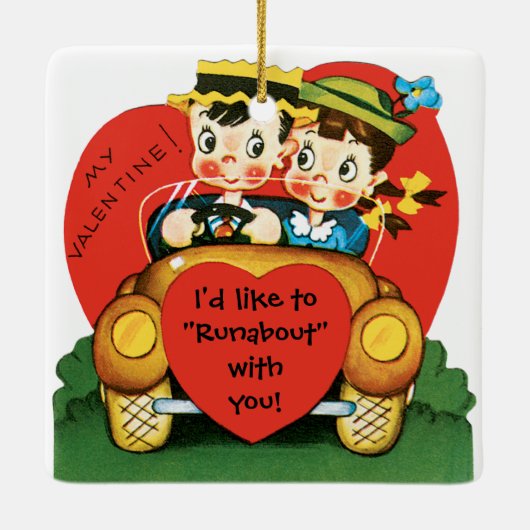 Retro Valentijnsdag,  meisje en jongen in de auto Keramisch Ornament (Achterkant)