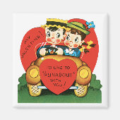 Retro Valentijnsdag,  meisje en jongen in de auto Magneet (Voorkant)