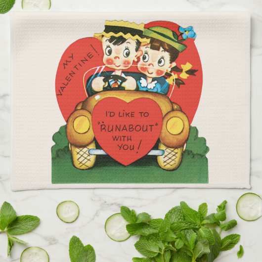 Retro Valentijnsdag,  meisje en jongen in de auto Theedoek (Gevouwen)