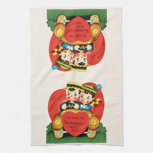 Retro Valentijnsdag,  meisje en jongen in de auto Theedoek (Verticaal)