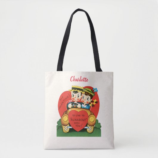 Retro Valentijnsdag,  meisje en jongen in de auto Tote Bag (Voorkant)