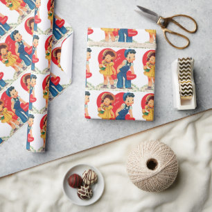 Retro Valentijnsdag,  meisje en jongensharten Cadeaupapier