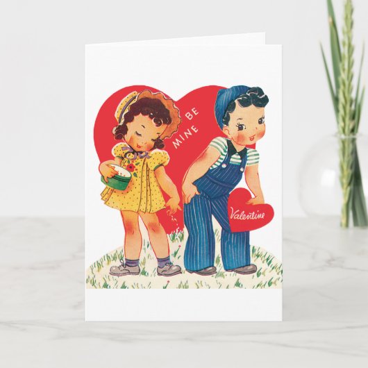 Retro Valentijnsdag,  meisje en jongensharten Feestdagen Kaart (Voorkant)