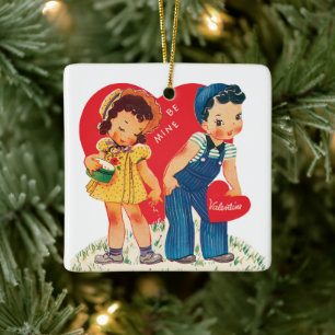 Retro Valentijnsdag,  meisje en jongensharten Keramisch Ornament
