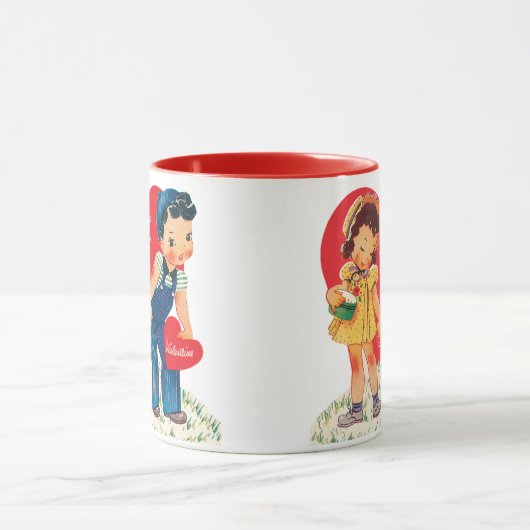 Retro Valentijnsdag,  meisje en jongensharten Mok (Midden)