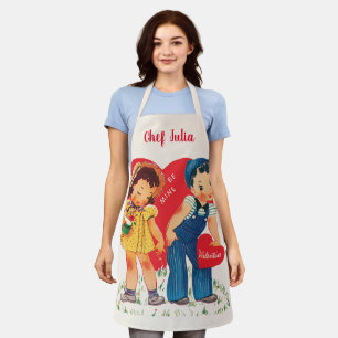 Retro Valentijnsdag,  meisje en jongensharten Schort