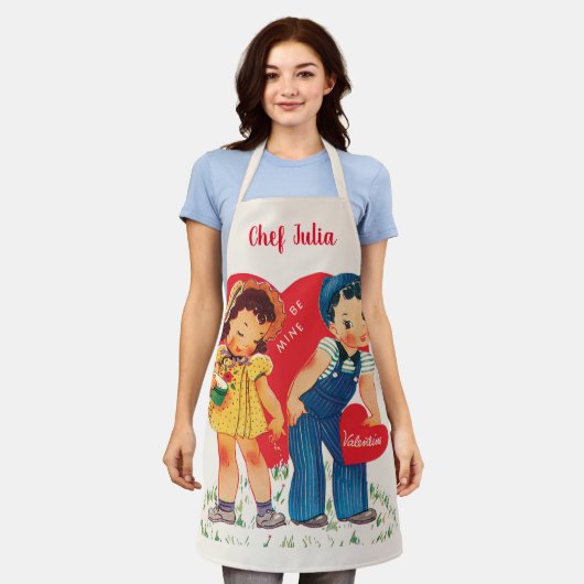 Retro Valentijnsdag,  meisje en jongensharten Schort (Gedragen)