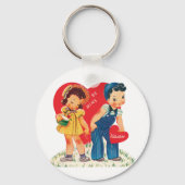 Retro Valentijnsdag,  meisje en jongensharten Sleutelhanger (Voorkant)