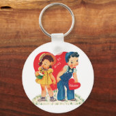 Retro Valentijnsdag,  meisje en jongensharten Sleutelhanger (Voorkant)