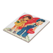 Retro Valentijnsdag,  meisje en jongensharten Tegeltje (Zijkant)