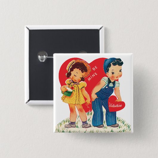 Retro Valentijnsdag,  meisje en jongensharten Vierkante Button 5,1 Cm (Voorkant /achterkant)