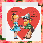 Retro Valentijnsdag, Meisje met Cowboy Feestdagenkaart<br><div class="desc">Valentijn! Hand over je hart!  illustratie met een vakantiemodel voor de Valentijnsdag met een schattig meisje gekleed in een blauwe jurk met een boog in haar haar. Een kleine jongen is gekleed als een cowboy met een bandanna en speelgoed pistolen Er zit een groot rood hart achter hen.</div>